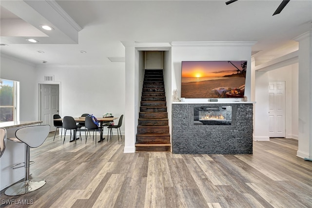 living room with crown molding and wood-type flooring