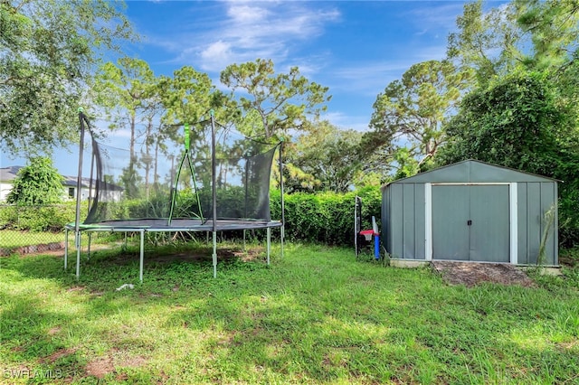 view of yard featuring a trampoline and a storage unit