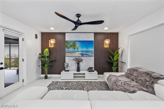 living room featuring ceiling fan