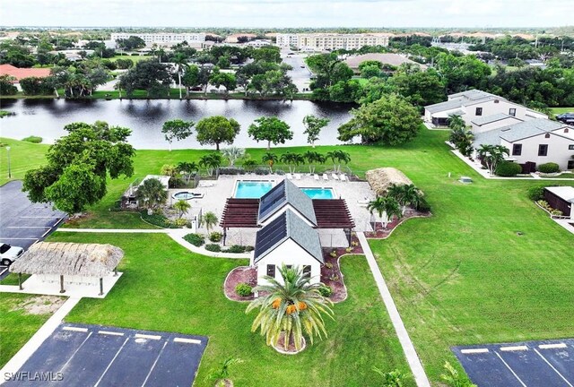 aerial view featuring a water view