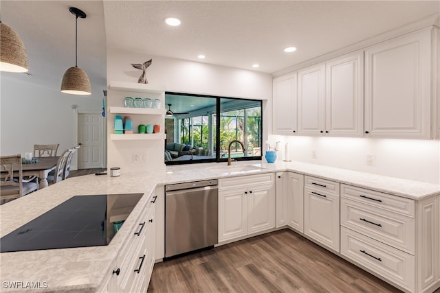 kitchen featuring white cabinets, sink, kitchen peninsula, dishwasher, and dark wood-type flooring