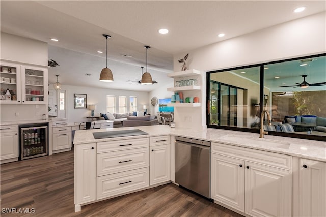 kitchen featuring ceiling fan, dishwasher, wine cooler, kitchen peninsula, and dark wood-type flooring