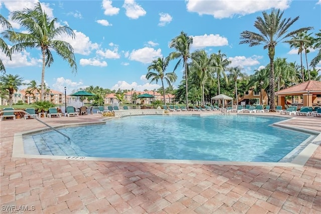 view of swimming pool with a patio area