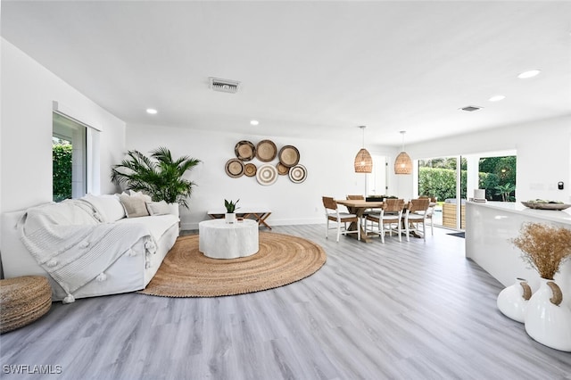 living room with light hardwood / wood-style floors