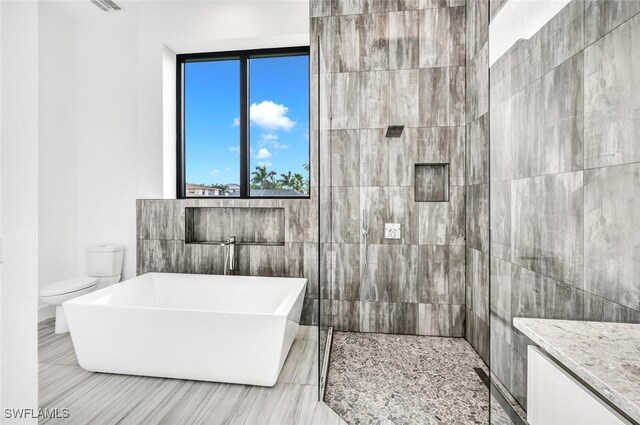 bathroom featuring vanity, toilet, tile walls, and a bathing tub