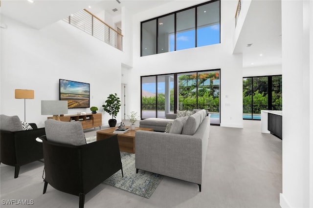 living room featuring a high ceiling