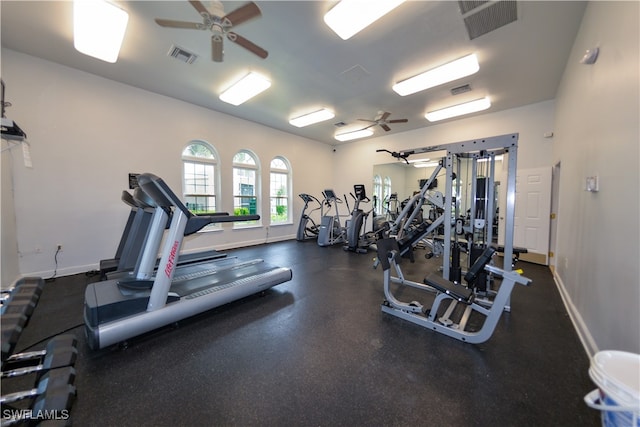 exercise room with ceiling fan