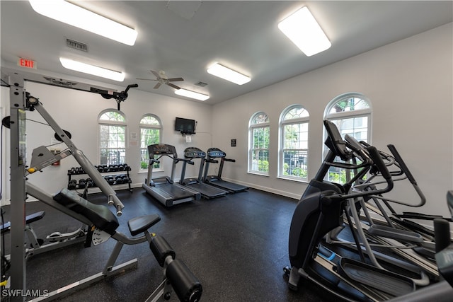 workout area with ceiling fan