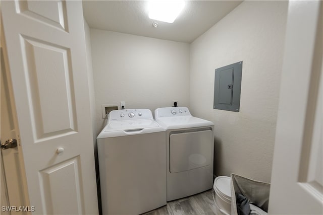 laundry area with washing machine and clothes dryer, light hardwood / wood-style floors, and electric panel