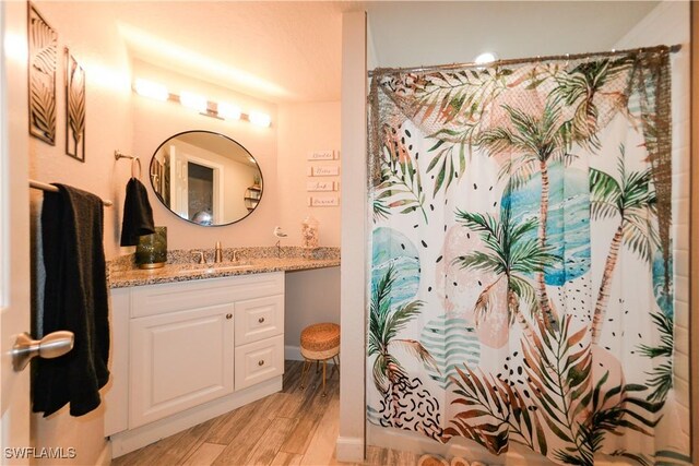 bathroom with wood-type flooring and vanity