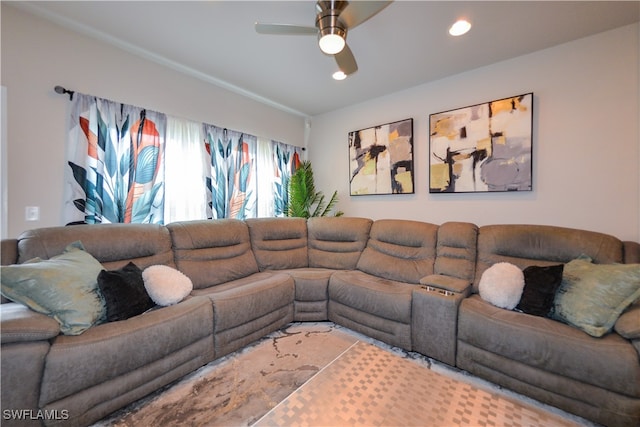 living room featuring ceiling fan