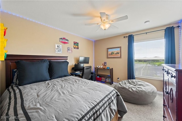 bedroom featuring carpet floors and ceiling fan