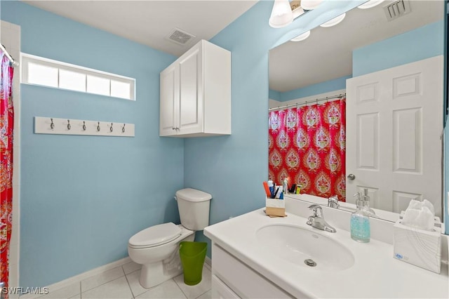 full bathroom featuring toilet, tile patterned flooring, vanity, and visible vents