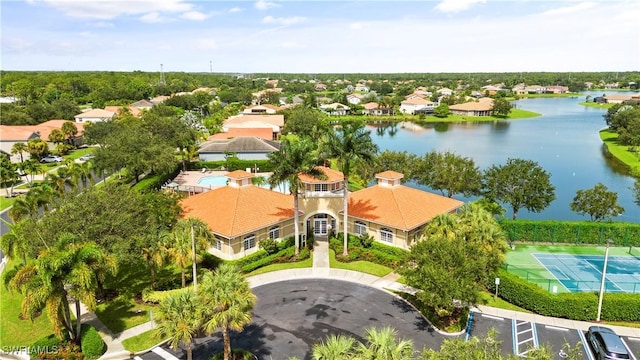 aerial view featuring a water view and a residential view