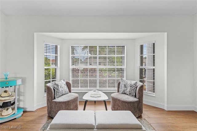 sitting room with baseboards and wood finished floors