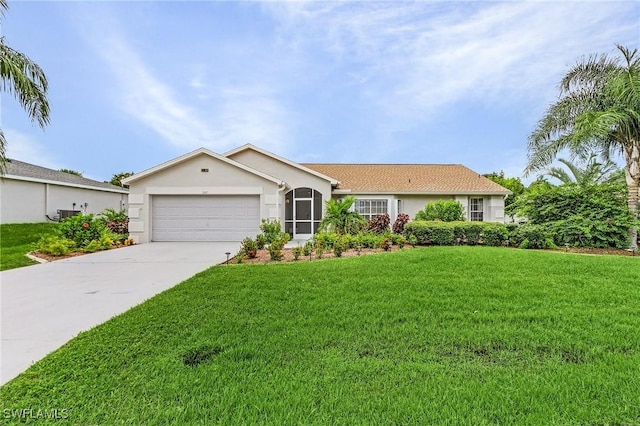 single story home featuring a garage, concrete driveway, a front lawn, and stucco siding