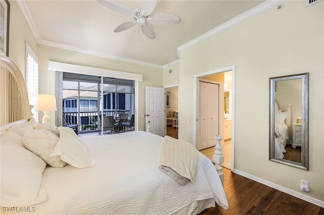 bedroom with hardwood / wood-style floors, access to outside, ceiling fan, ornamental molding, and connected bathroom