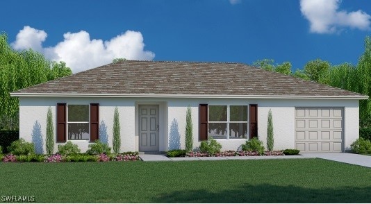 view of front of property featuring a garage and a front lawn