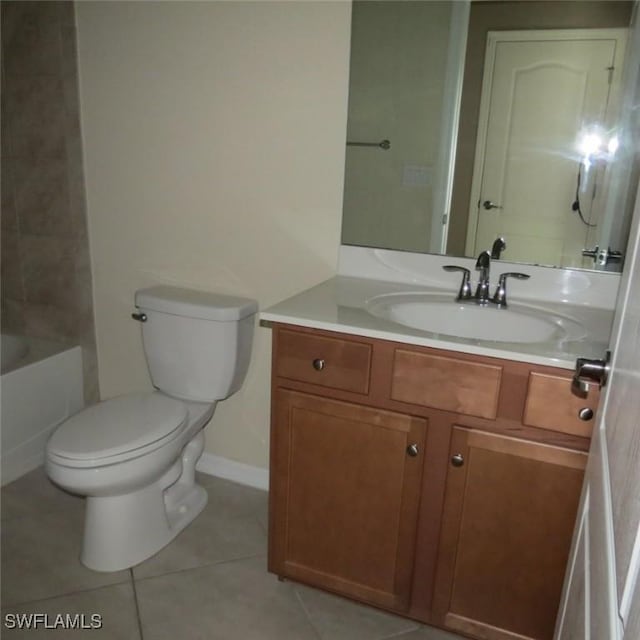 full bathroom featuring vanity, tile patterned floors, washtub / shower combination, and toilet