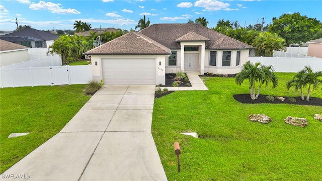 view of front of home featuring a garage and a front lawn