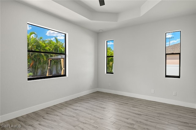 empty room featuring a tray ceiling, a wealth of natural light, light hardwood / wood-style floors, and ceiling fan