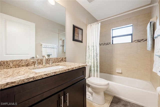 full bathroom featuring shower / tub combo, tile patterned floors, toilet, and vanity