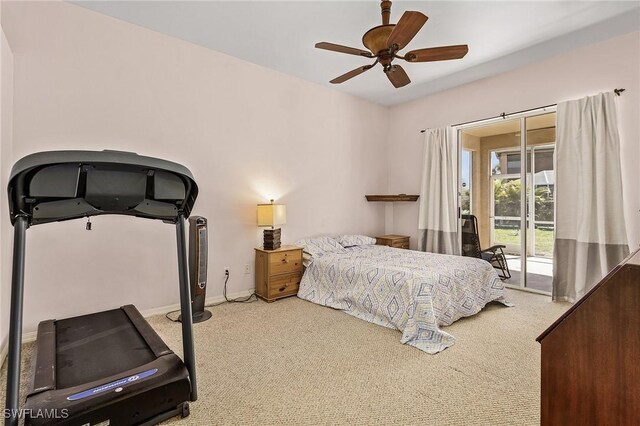 bedroom featuring ceiling fan, light colored carpet, and access to exterior