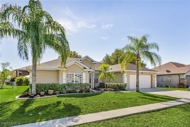 view of front of home featuring a front lawn and a garage