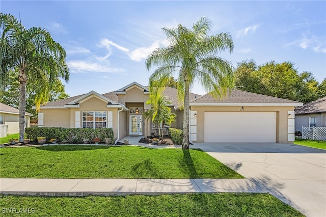 single story home with a front yard and a garage