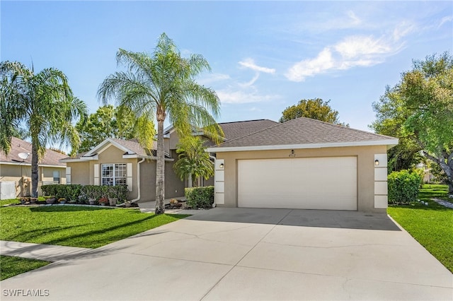 ranch-style home featuring a garage and a front lawn