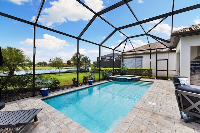 view of pool featuring a lanai, a patio area, and an in ground hot tub