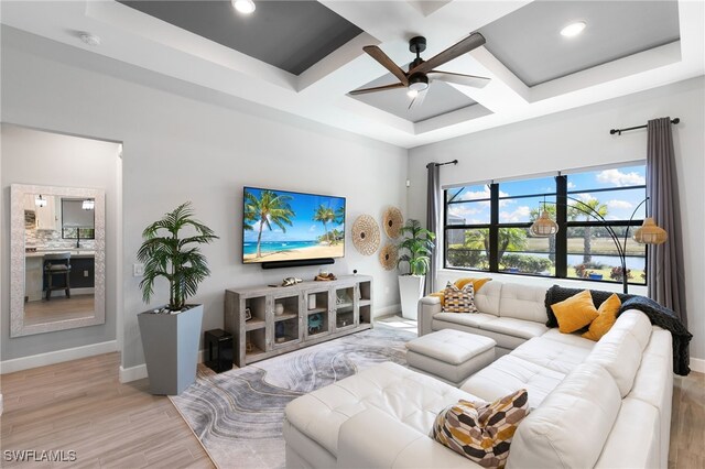 2740 Amaranda Ct, Naples, FL 34114 - living area with coffered ceiling, light wood-style flooring, recessed lighting, baseboards, and a ceiling fan