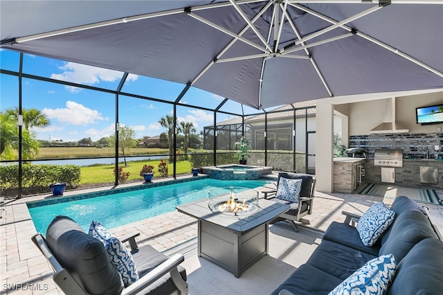 2740 Amaranda Ct, Naples, FL 34114 - view of swimming pool featuring an outdoor hangout area, a water view, area for grilling, a lanai, and a patio