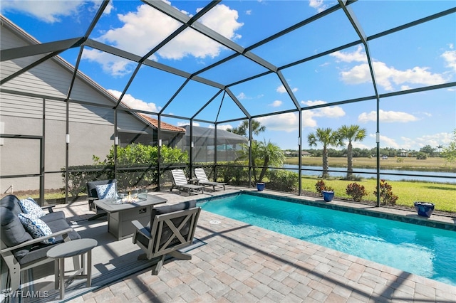 2740 Amaranda Ct, Naples, FL 34114 - outdoor pool with a patio, a water view, an outdoor fire pit, and a lanai