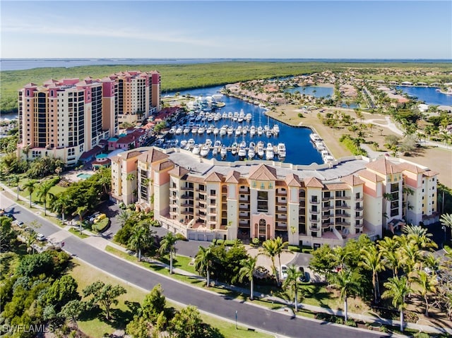 birds eye view of property featuring a water view