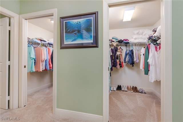 walk in closet featuring light colored carpet