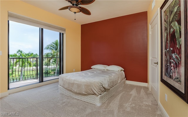 bedroom with ceiling fan, light colored carpet, and access to outside