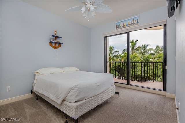 carpeted bedroom with ceiling fan and access to exterior