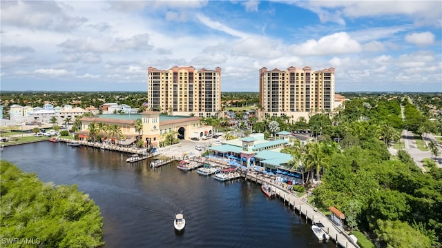 drone / aerial view featuring a water view