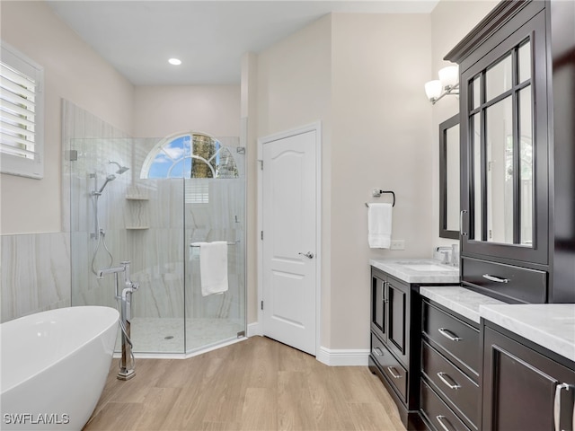 bathroom with a wealth of natural light, plus walk in shower, vanity, and wood-type flooring