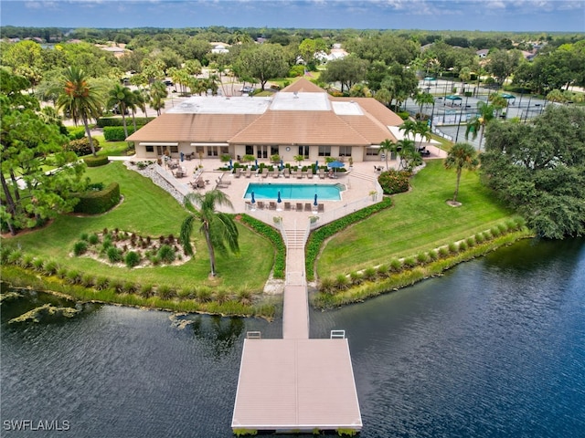 aerial view featuring a water view