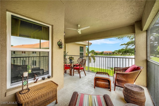 exterior space with ceiling fan