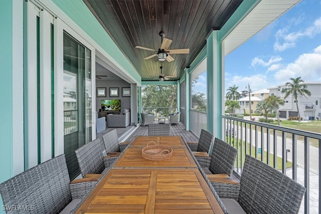 sunroom with ceiling fan and wooden ceiling