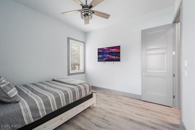 bedroom with light hardwood / wood-style floors and ceiling fan