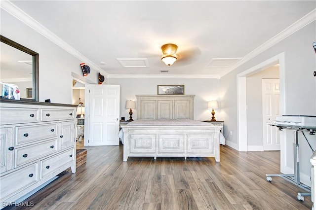 bedroom featuring ornamental molding and light hardwood / wood-style floors