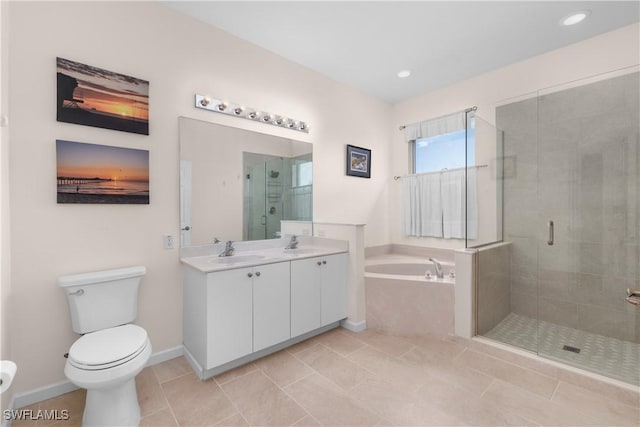 full bathroom with vanity, toilet, separate shower and tub, and tile patterned flooring