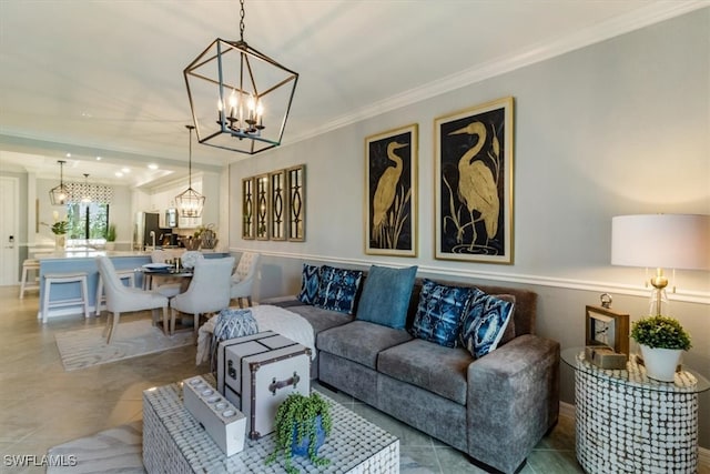 tiled living room featuring a notable chandelier and crown molding