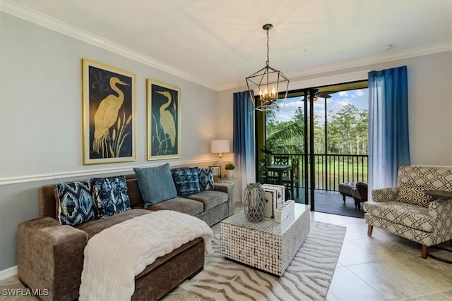 living room featuring light tile patterned floors, crown molding, and a chandelier