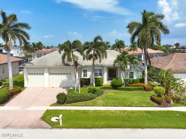 view of front of house with a garage, a tile roof, decorative driveway, stucco siding, and a front yard