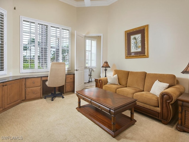 living area with ornamental molding and light colored carpet